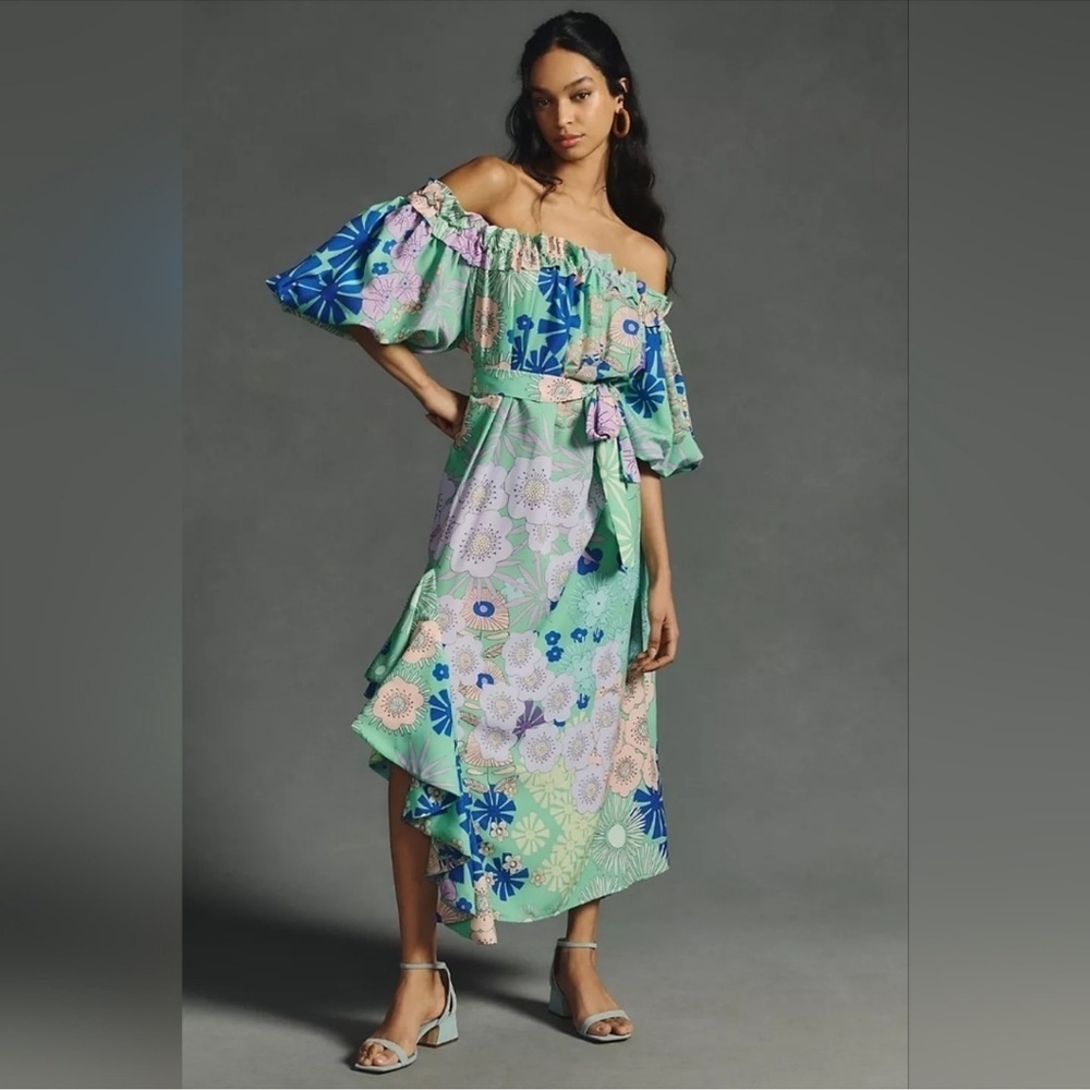 NWT Anthropologie x Oopscool Off-The-Shoulder Printed Dress, Size XS